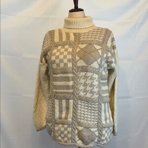 Cozy Patchwork Turtleneck Sweater - Cream and Tan